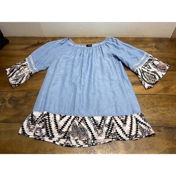 Ali Miles Tops - Ali Miles Top Women S Tunic Mixed Media Chambray Artsy Art to Wear Boho Western